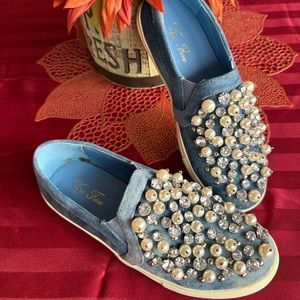 Vigo Fiare Crystal Adorned Denim & Pearls Slip on Sneakers